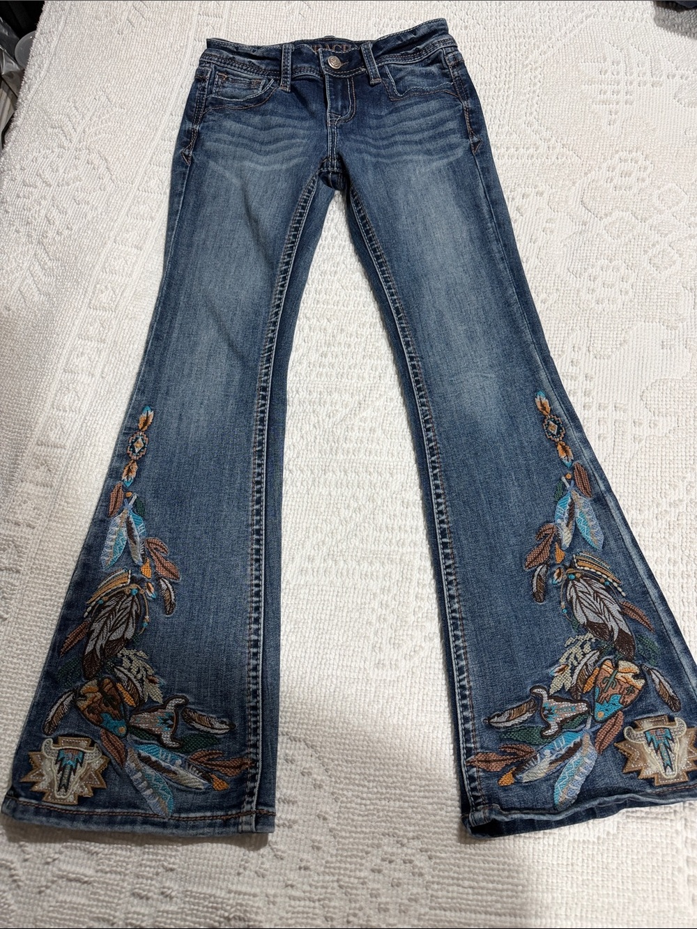 Grace Blue Embroidered Flare Jeans with Feather Motif